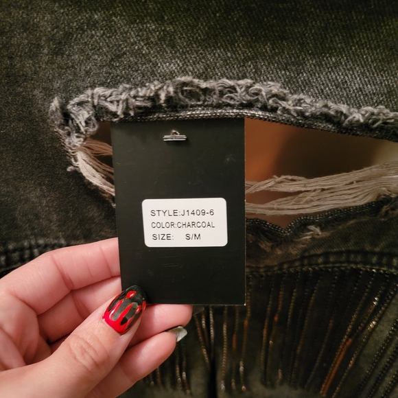 Distressed Crop Jean Jacket With Fringe - Picture 3 of 4